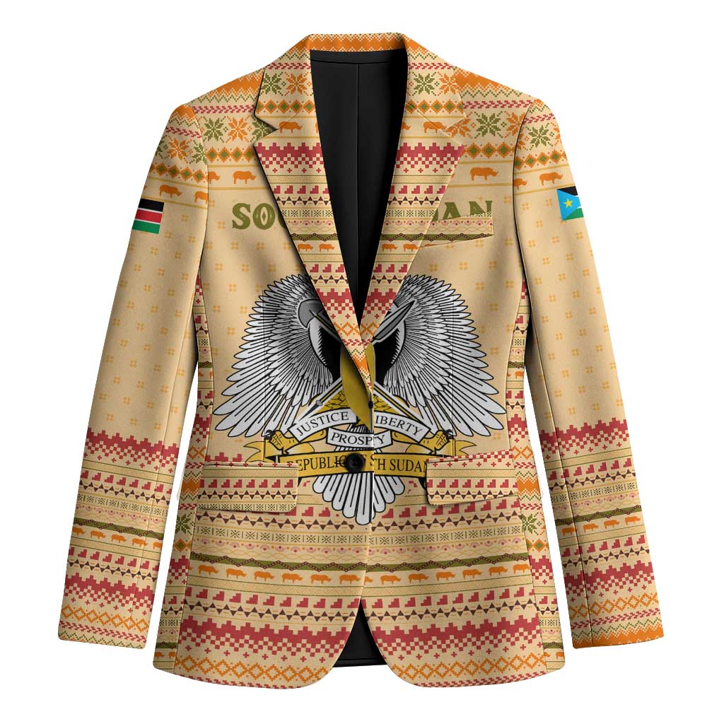 South Sudan Christmas Blazer with Beige Tribal Pattern, National Emblem, and Green Star Motif - Wonder Print Shop