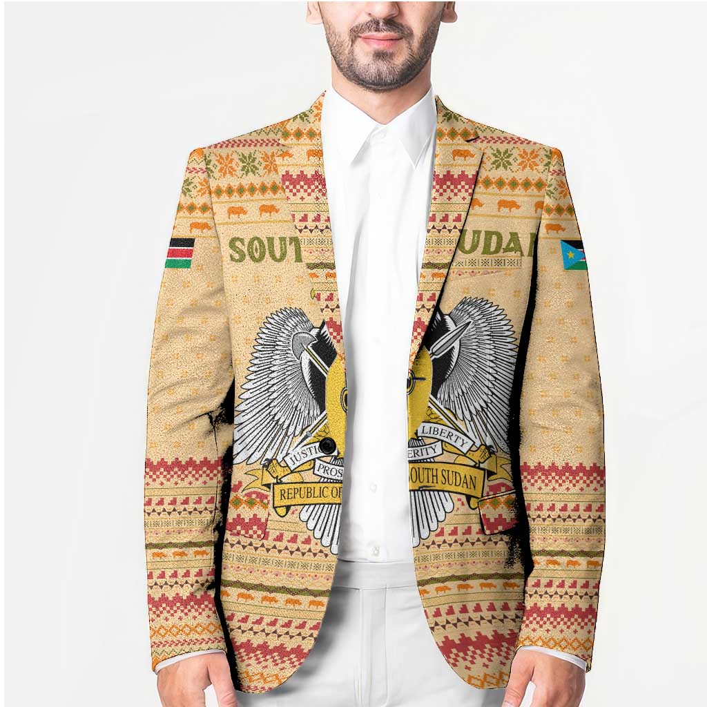 South Sudan Christmas Blazer with Beige Tribal Pattern, National Emblem, and Green Star Motif - Wonder Print Shop