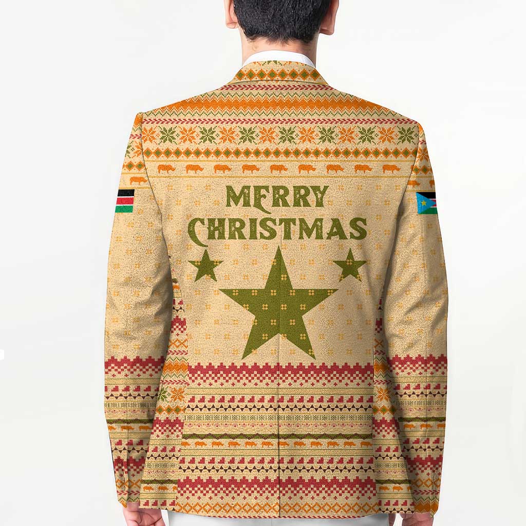 South Sudan Christmas Blazer with Beige Tribal Pattern, National Emblem, and Green Star Motif - Wonder Print Shop