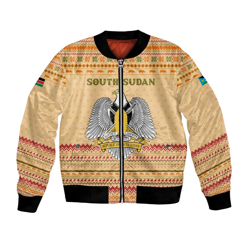 South Sudan Christmas Bomber Jacket with Beige Tribal Pattern, National Emblem, and Green Star Motif - Wonder Print Shop