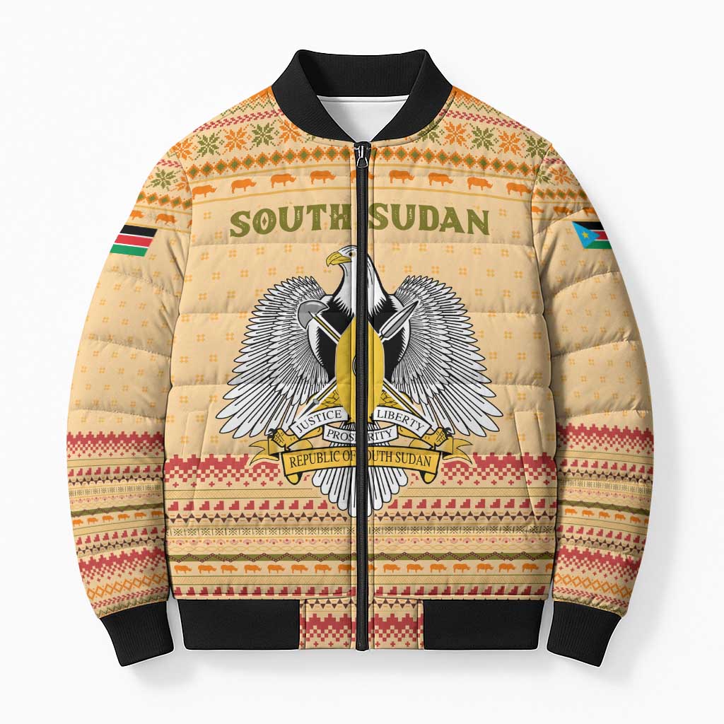South Sudan Christmas Bomber Puffer Jacket with Beige Tribal Pattern, National Emblem, and Green Star Motif - Wonder Print Shop