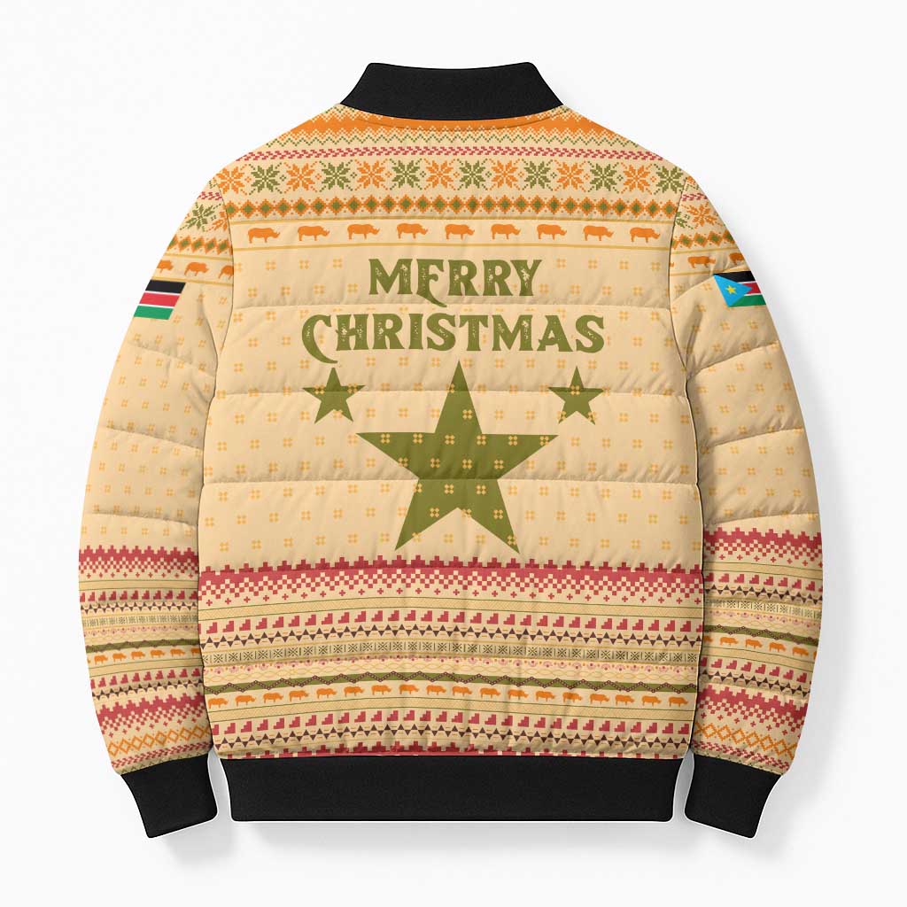 South Sudan Christmas Bomber Puffer Jacket with Beige Tribal Pattern, National Emblem, and Green Star Motif - Wonder Print Shop