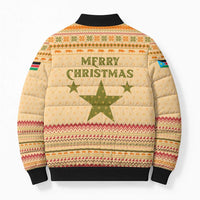 South Sudan Christmas Bomber Puffer Jacket with Beige Tribal Pattern, National Emblem, and Green Star Motif - Wonder Print Shop