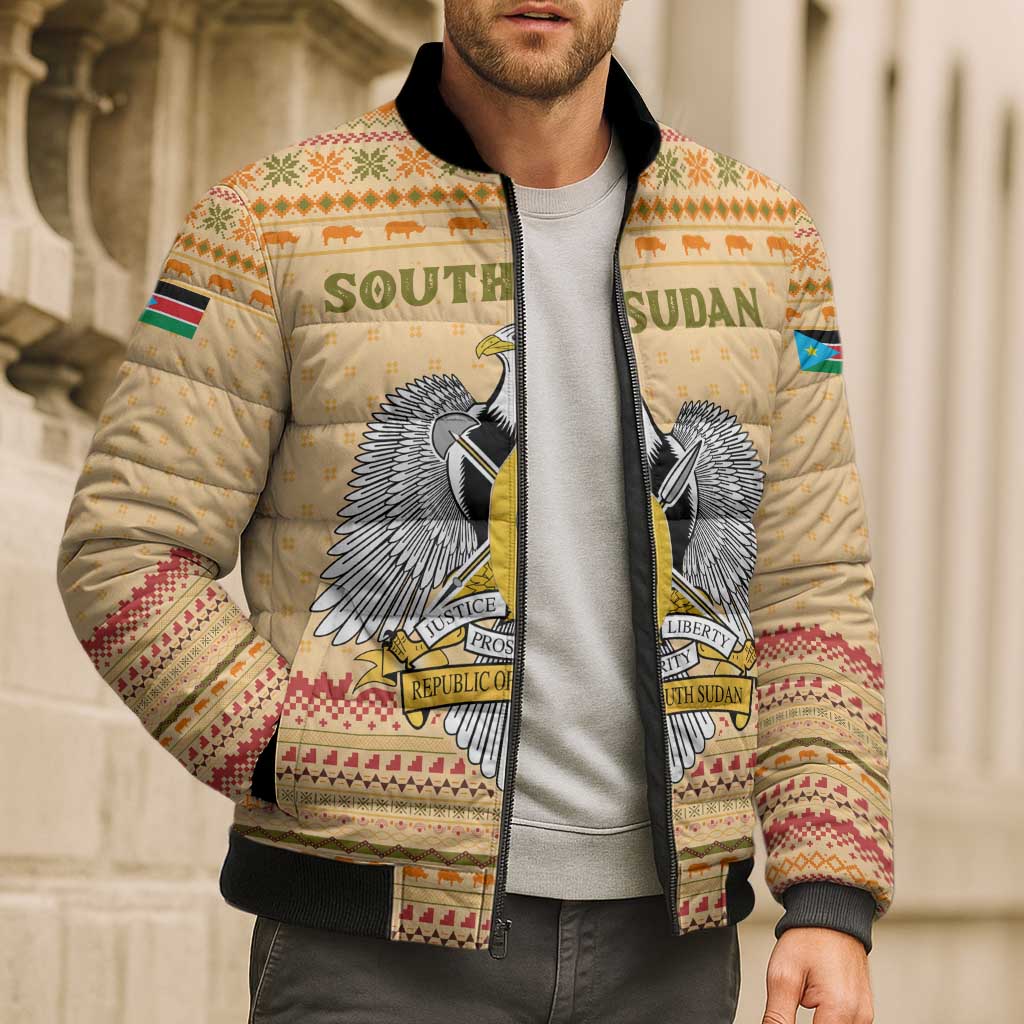 South Sudan Christmas Bomber Puffer Jacket with Beige Tribal Pattern, National Emblem, and Green Star Motif - Wonder Print Shop