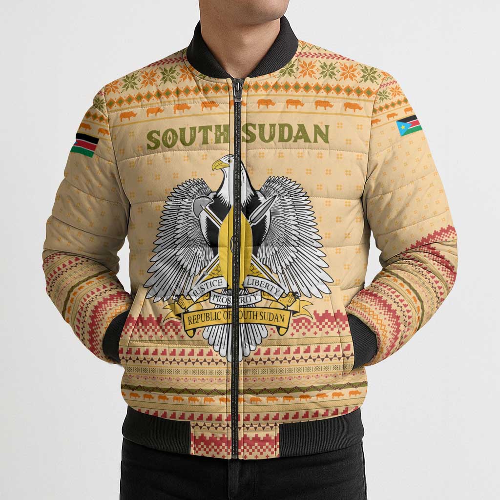 South Sudan Christmas Bomber Puffer Jacket with Beige Tribal Pattern, National Emblem, and Green Star Motif - Wonder Print Shop