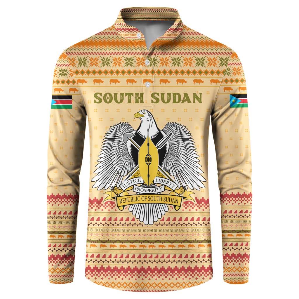 South Sudan Christmas Button Sweatshirt with Beige Tribal Pattern, National Emblem, and Green Star Motif - Wonder Print Shop
