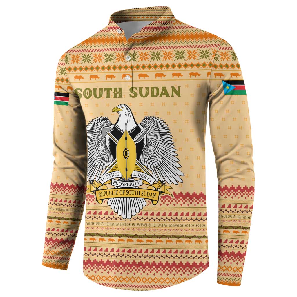 South Sudan Christmas Button Sweatshirt with Beige Tribal Pattern, National Emblem, and Green Star Motif - Wonder Print Shop