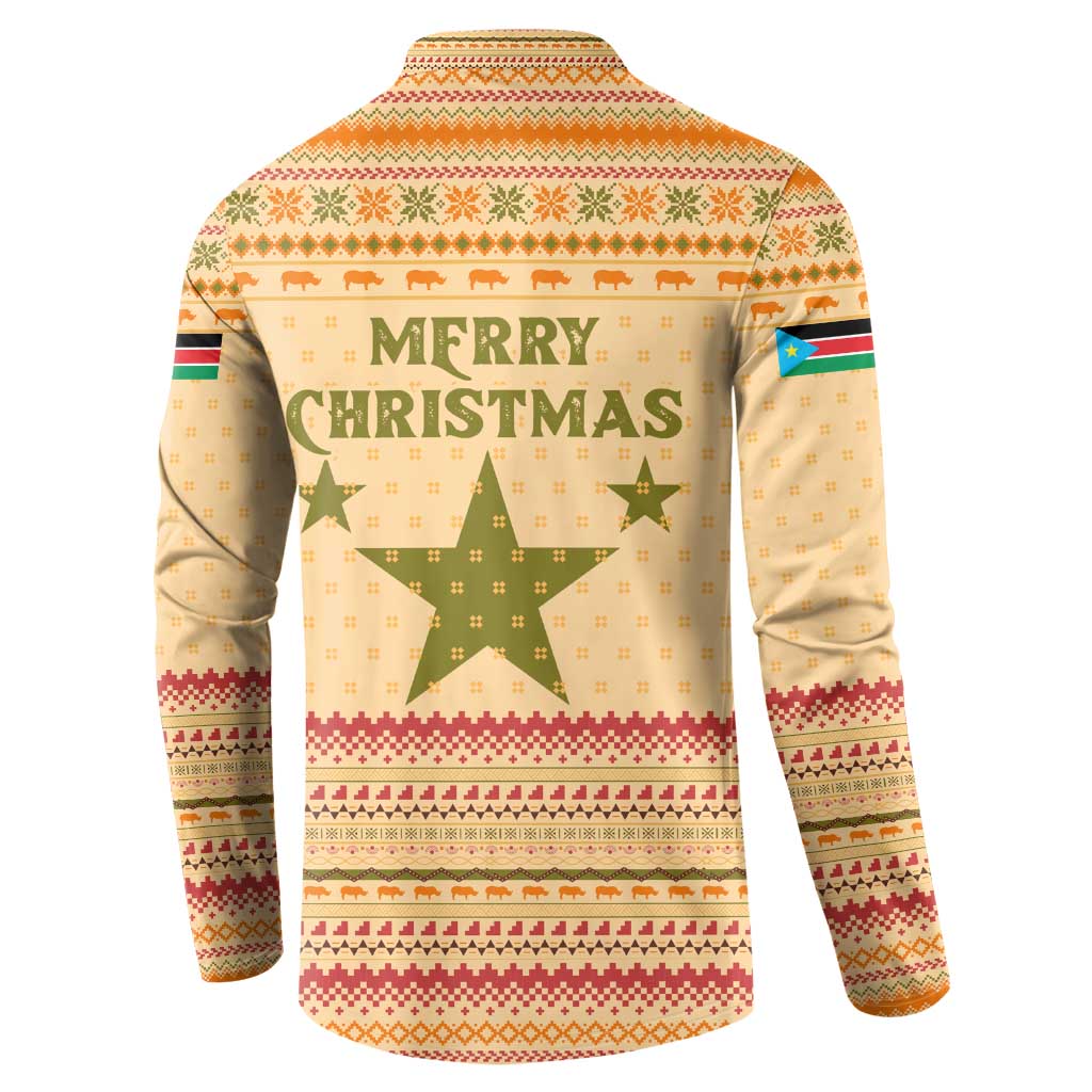 South Sudan Christmas Button Sweatshirt with Beige Tribal Pattern, National Emblem, and Green Star Motif - Wonder Print Shop