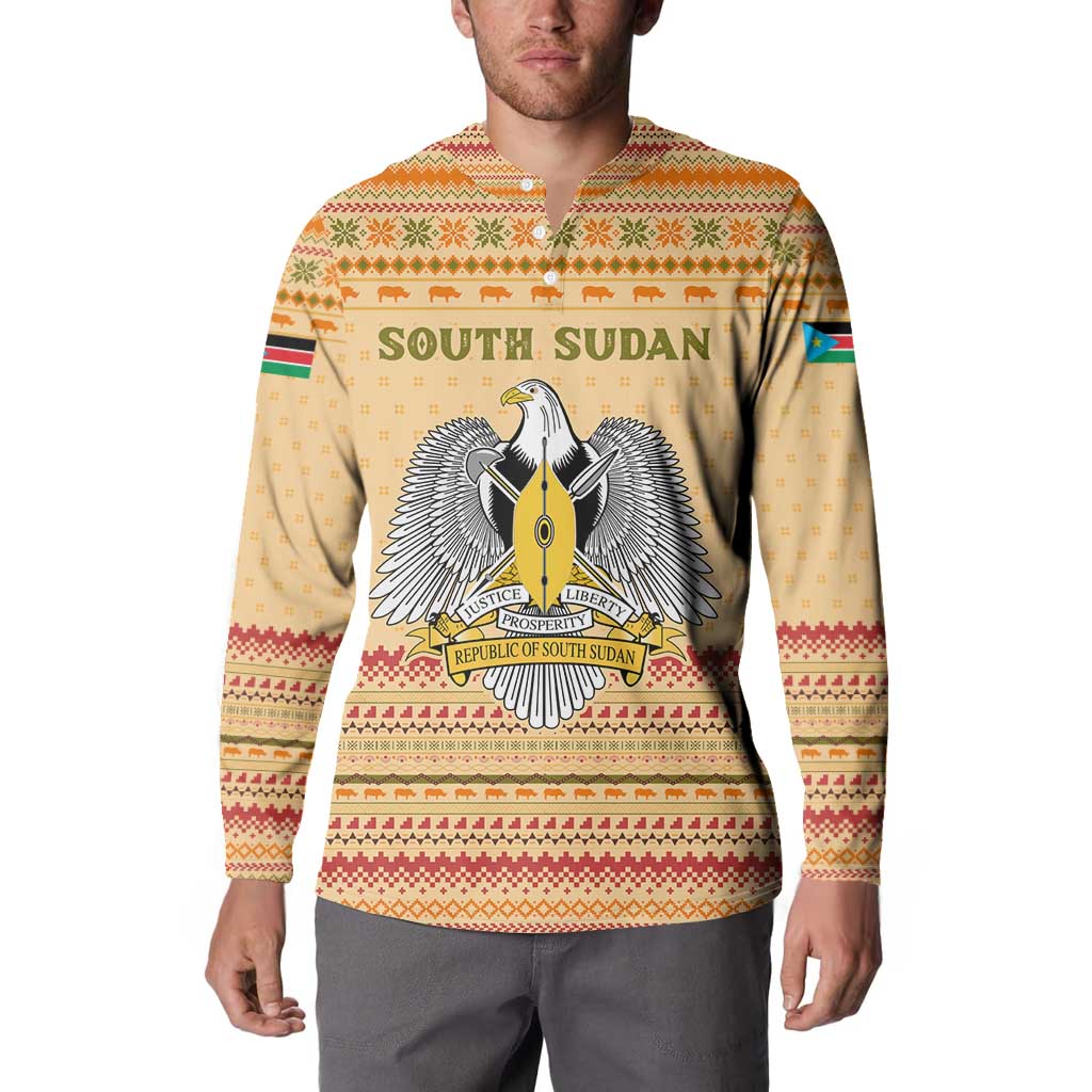 South Sudan Christmas Button Sweatshirt with Beige Tribal Pattern, National Emblem, and Green Star Motif - Wonder Print Shop