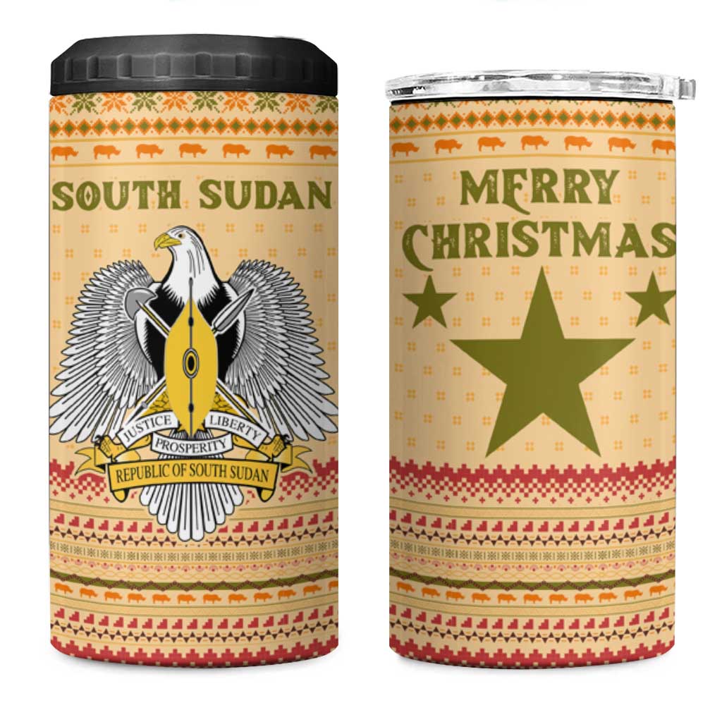 South Sudan Christmas 4 in 1 Can Cooler Tumbler with Beige Tribal Pattern, National Emblem, and Green Star Motif - Wonder Print Shop