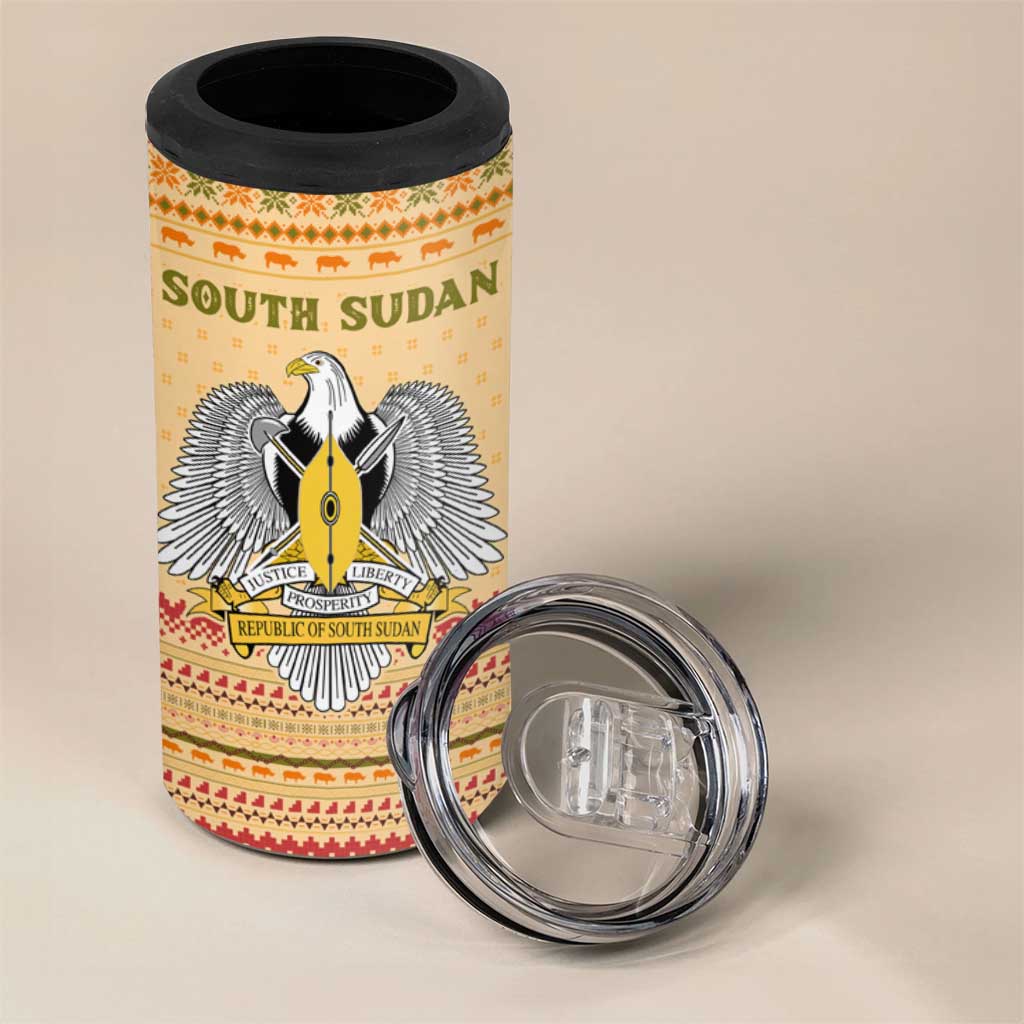 South Sudan Christmas 4 in 1 Can Cooler Tumbler with Beige Tribal Pattern, National Emblem, and Green Star Motif - Wonder Print Shop