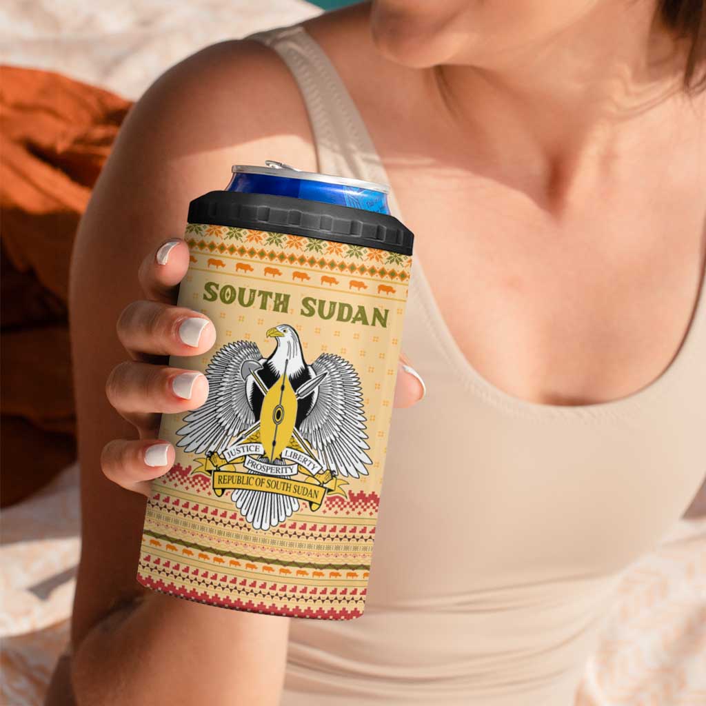 South Sudan Christmas 4 in 1 Can Cooler Tumbler with Beige Tribal Pattern, National Emblem, and Green Star Motif - Wonder Print Shop