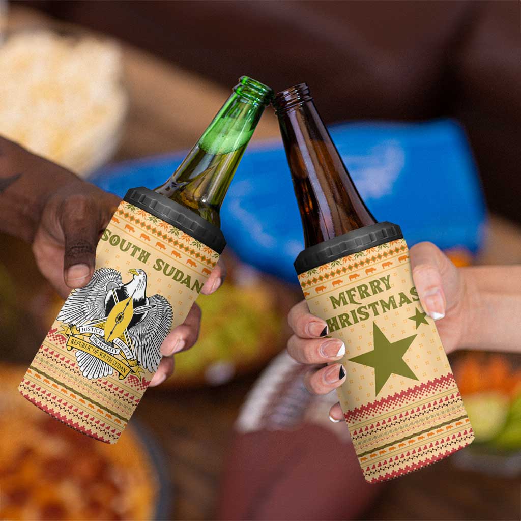South Sudan Christmas 4 in 1 Can Cooler Tumbler with Beige Tribal Pattern, National Emblem, and Green Star Motif - Wonder Print Shop