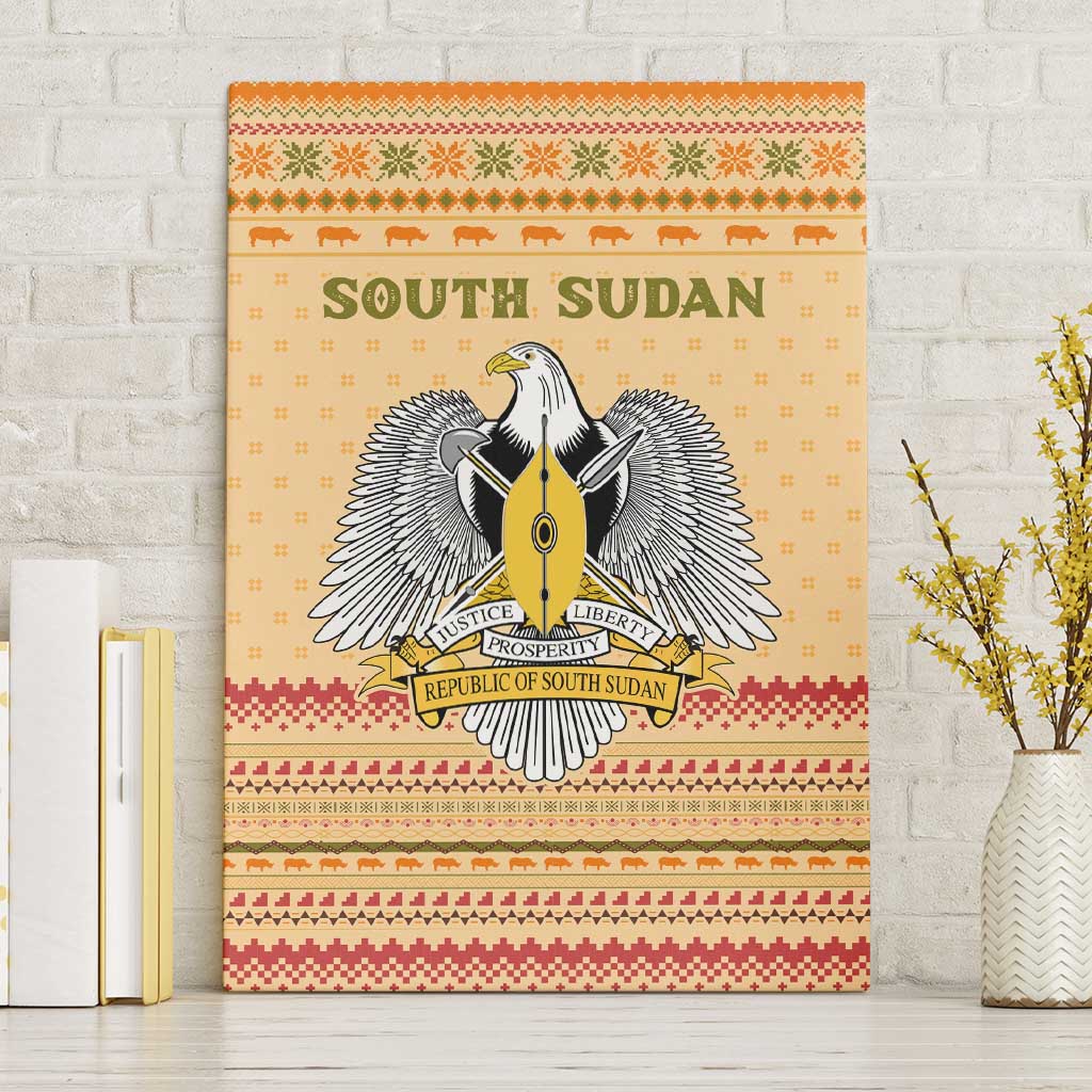 South Sudan Christmas Canvas Wall Art with Beige Tribal Pattern, National Emblem, and Green Star Motif - Wonder Print Shop