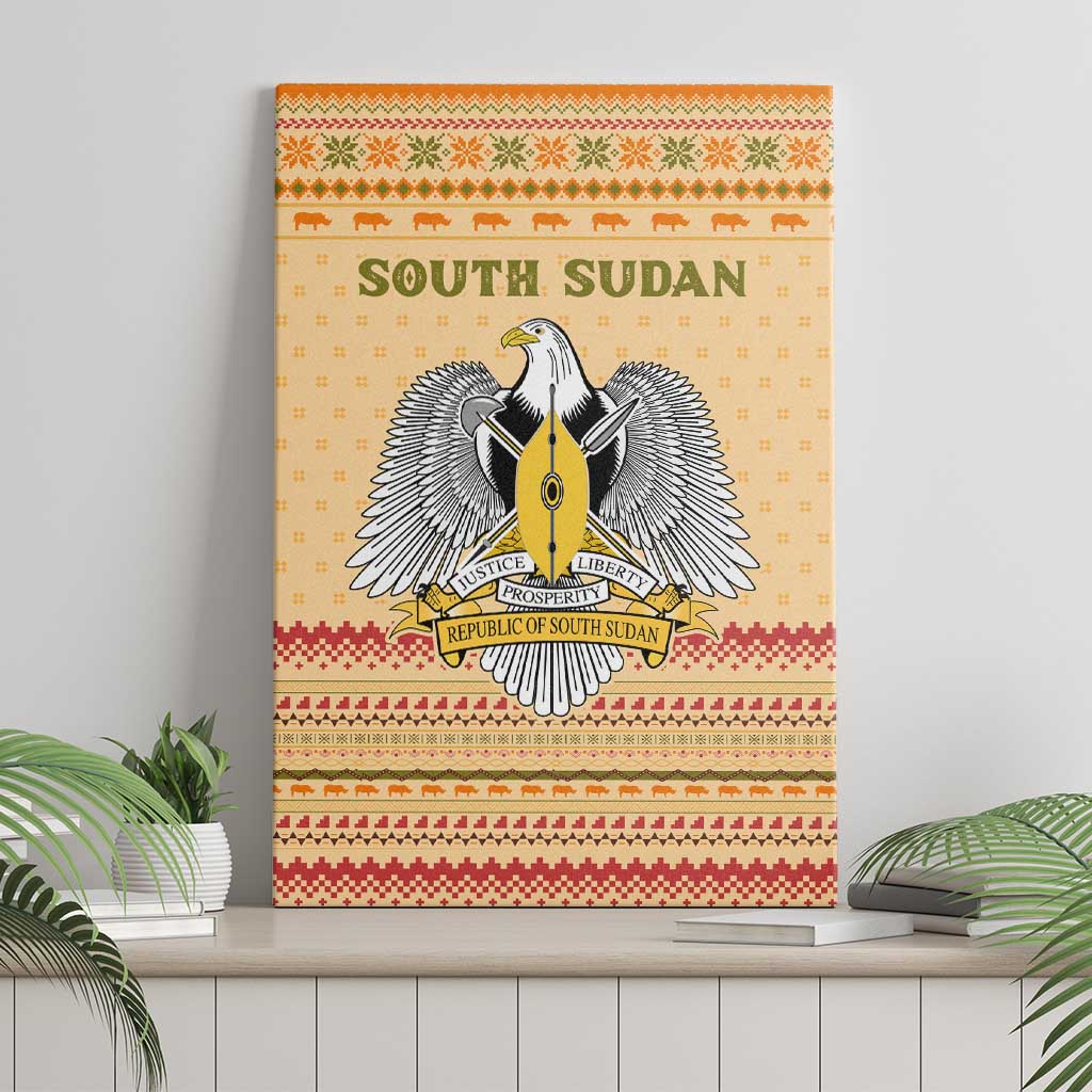 South Sudan Christmas Canvas Wall Art with Beige Tribal Pattern, National Emblem, and Green Star Motif - Wonder Print Shop