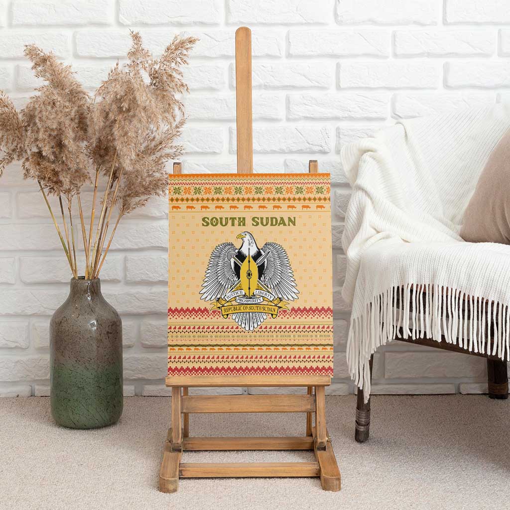 South Sudan Christmas Canvas Wall Art with Beige Tribal Pattern, National Emblem, and Green Star Motif - Wonder Print Shop