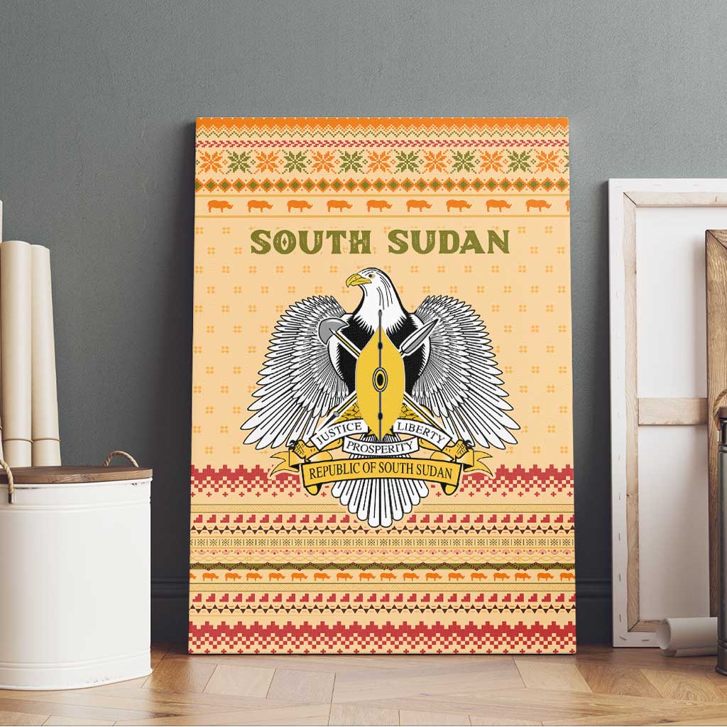 South Sudan Christmas Canvas Wall Art with Beige Tribal Pattern, National Emblem, and Green Star Motif - Wonder Print Shop