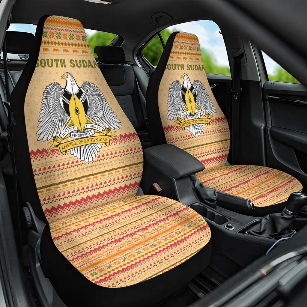 South Sudan Christmas Car Seat Cover with Beige Tribal Pattern, National Emblem, and Green Star Motif - Wonder Print Shop