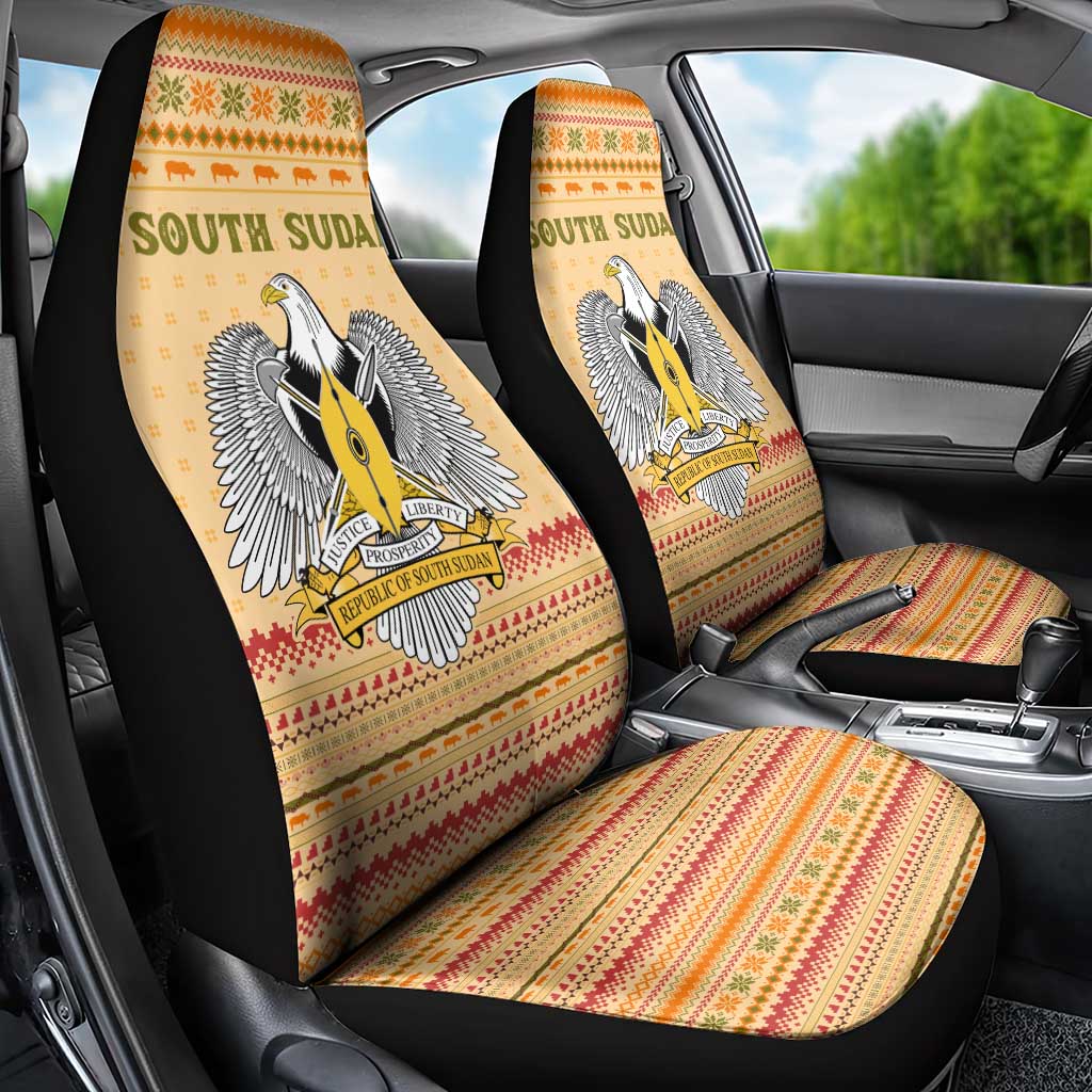 South Sudan Christmas Car Seat Cover with Beige Tribal Pattern, National Emblem, and Green Star Motif - Wonder Print Shop