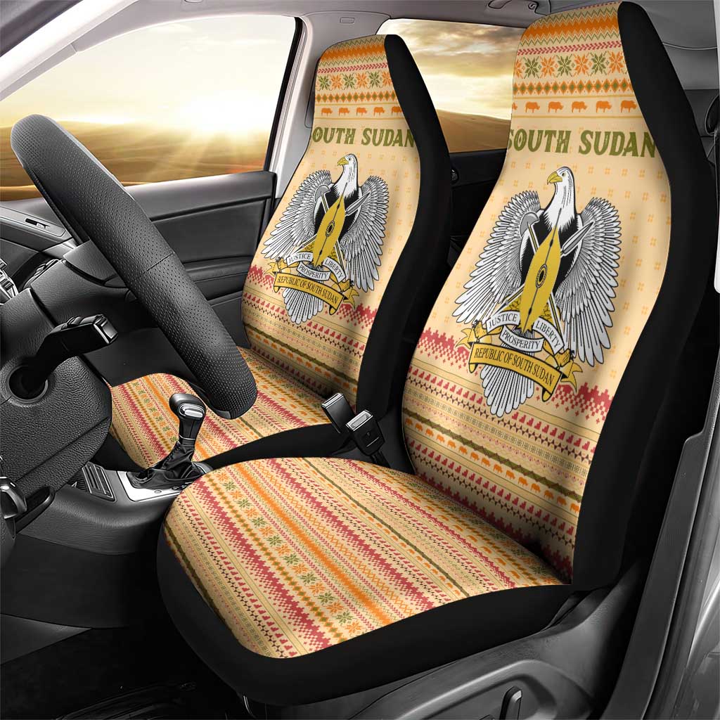 South Sudan Christmas Car Seat Cover with Beige Tribal Pattern, National Emblem, and Green Star Motif - Wonder Print Shop