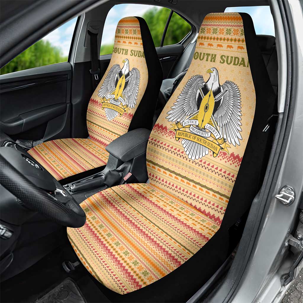 South Sudan Christmas Car Seat Cover with Beige Tribal Pattern, National Emblem, and Green Star Motif - Wonder Print Shop