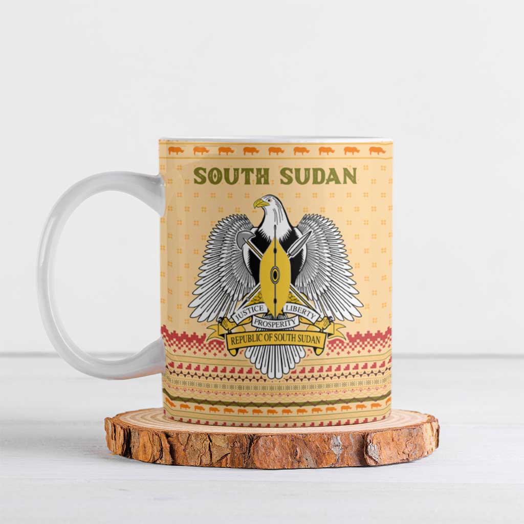 South Sudan Christmas Ceramic Mug with Beige Tribal Pattern, National Emblem, and Green Star Motif - Wonder Print Shop
