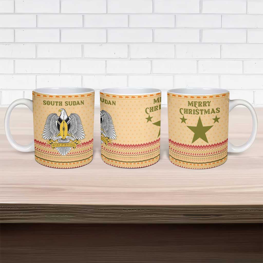 South Sudan Christmas Ceramic Mug with Beige Tribal Pattern, National Emblem, and Green Star Motif - Wonder Print Shop