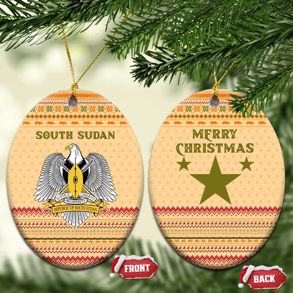 South Sudan Christmas Ceramic Ornament with Beige Tribal Pattern, National Emblem, and Green Star Motif - Wonder Print Shop