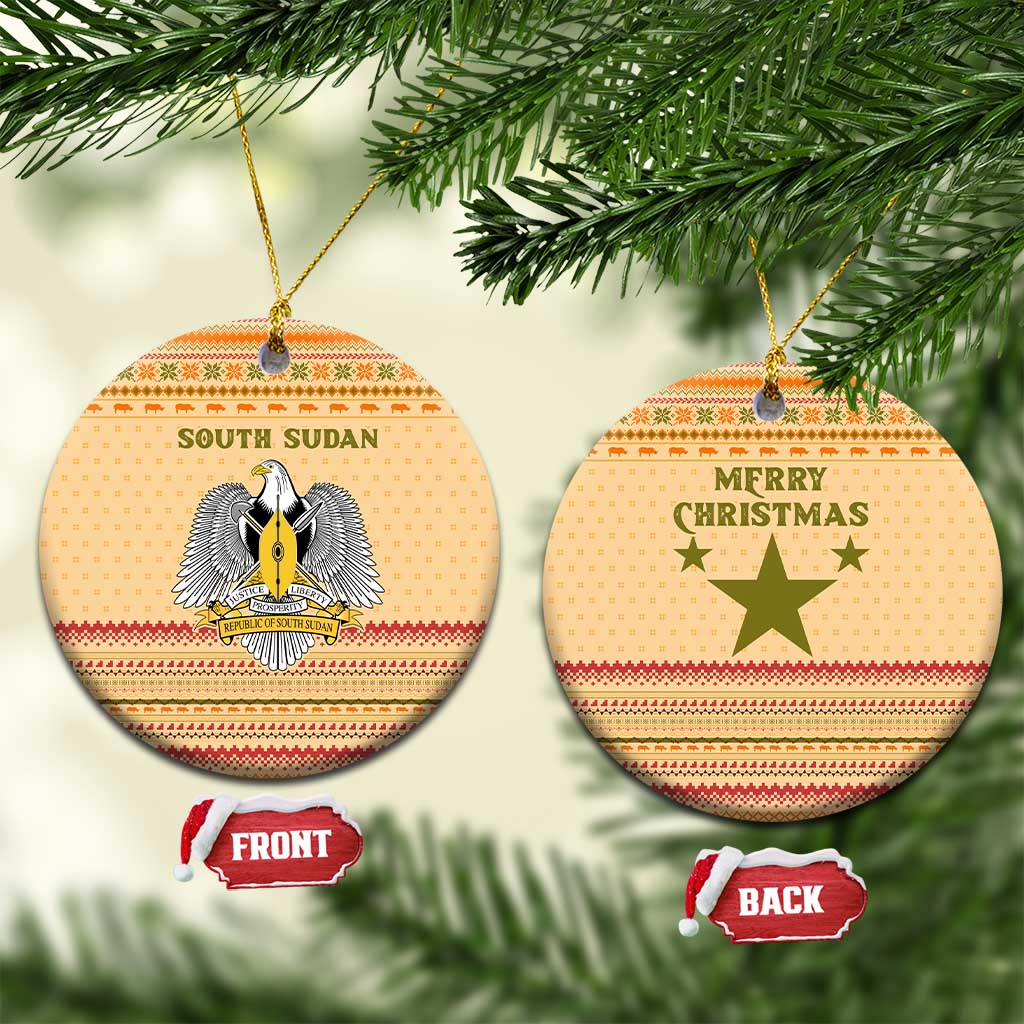 South Sudan Christmas Ceramic Ornament with Beige Tribal Pattern, National Emblem, and Green Star Motif - Wonder Print Shop