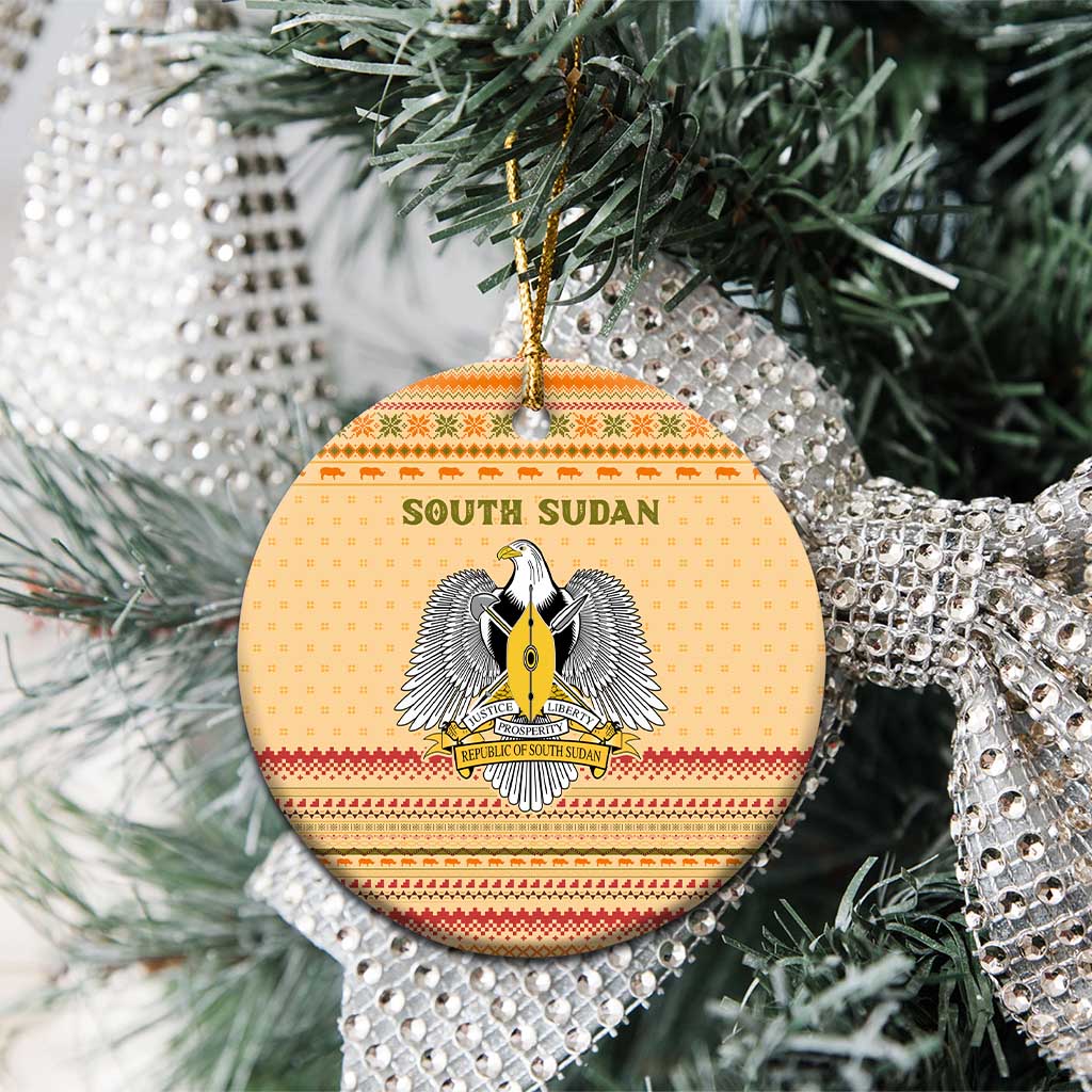 South Sudan Christmas Ceramic Ornament with Beige Tribal Pattern, National Emblem, and Green Star Motif - Wonder Print Shop