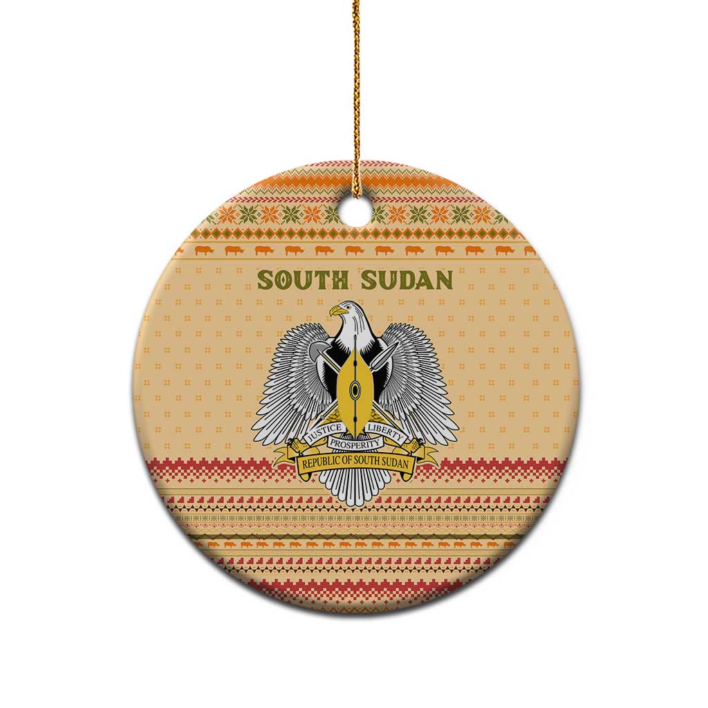 South Sudan Christmas Ceramic Ornament with Beige Tribal Pattern, National Emblem, and Green Star Motif - Wonder Print Shop