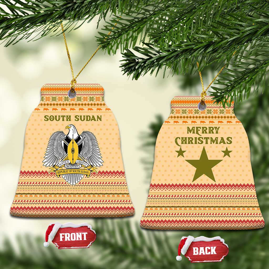 South Sudan Christmas Ceramic Ornament with Beige Tribal Pattern, National Emblem, and Green Star Motif - Wonder Print Shop