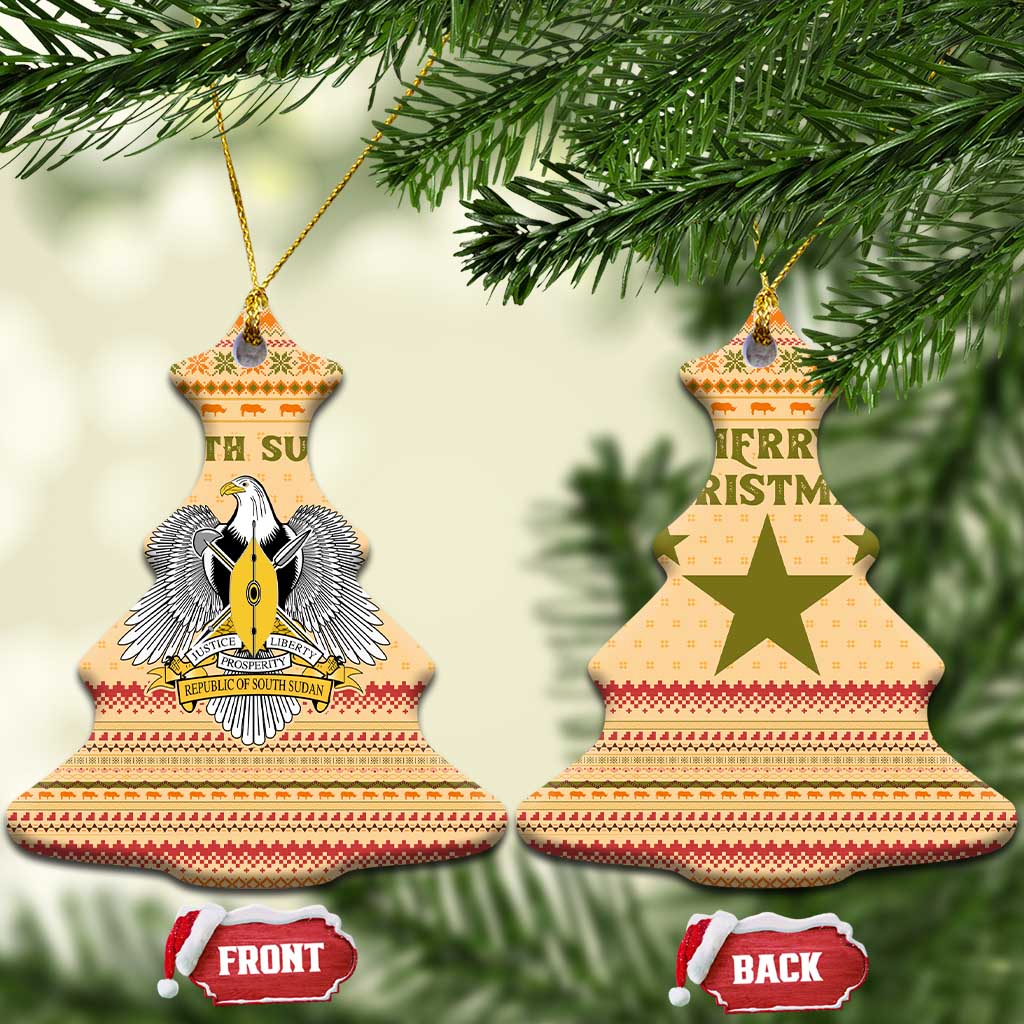 South Sudan Christmas Ceramic Ornament with Beige Tribal Pattern, National Emblem, and Green Star Motif - Wonder Print Shop