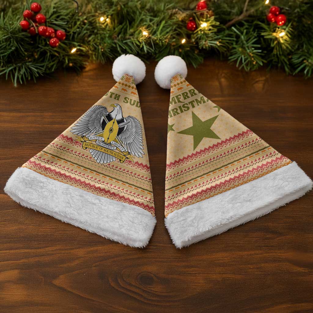 South Sudan Christmas Santa Hat with Beige Tribal Pattern, National Emblem, and Green Star Motif - Wonder Print Shop