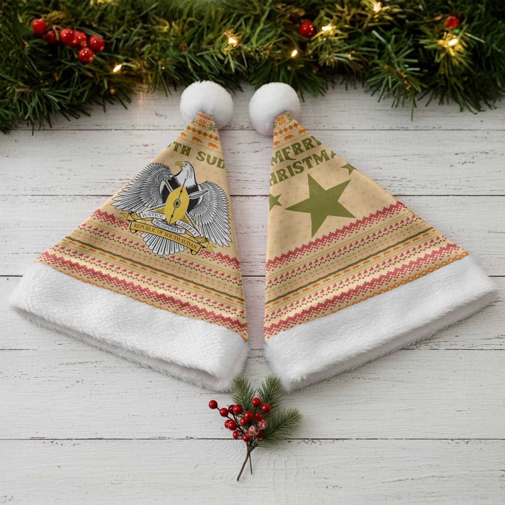 South Sudan Christmas Santa Hat with Beige Tribal Pattern, National Emblem, and Green Star Motif - Wonder Print Shop