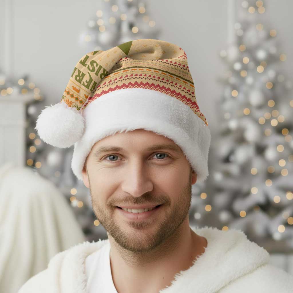 South Sudan Christmas Santa Hat with Beige Tribal Pattern, National Emblem, and Green Star Motif - Wonder Print Shop