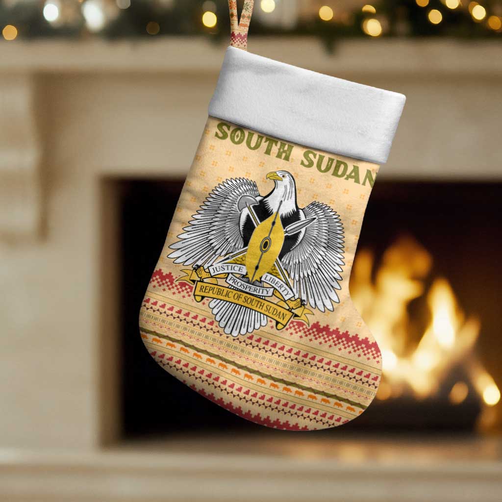 South Sudan Christmas Stocking with Beige Tribal Pattern, National Emblem, and Green Star Motif - Wonder Print Shop