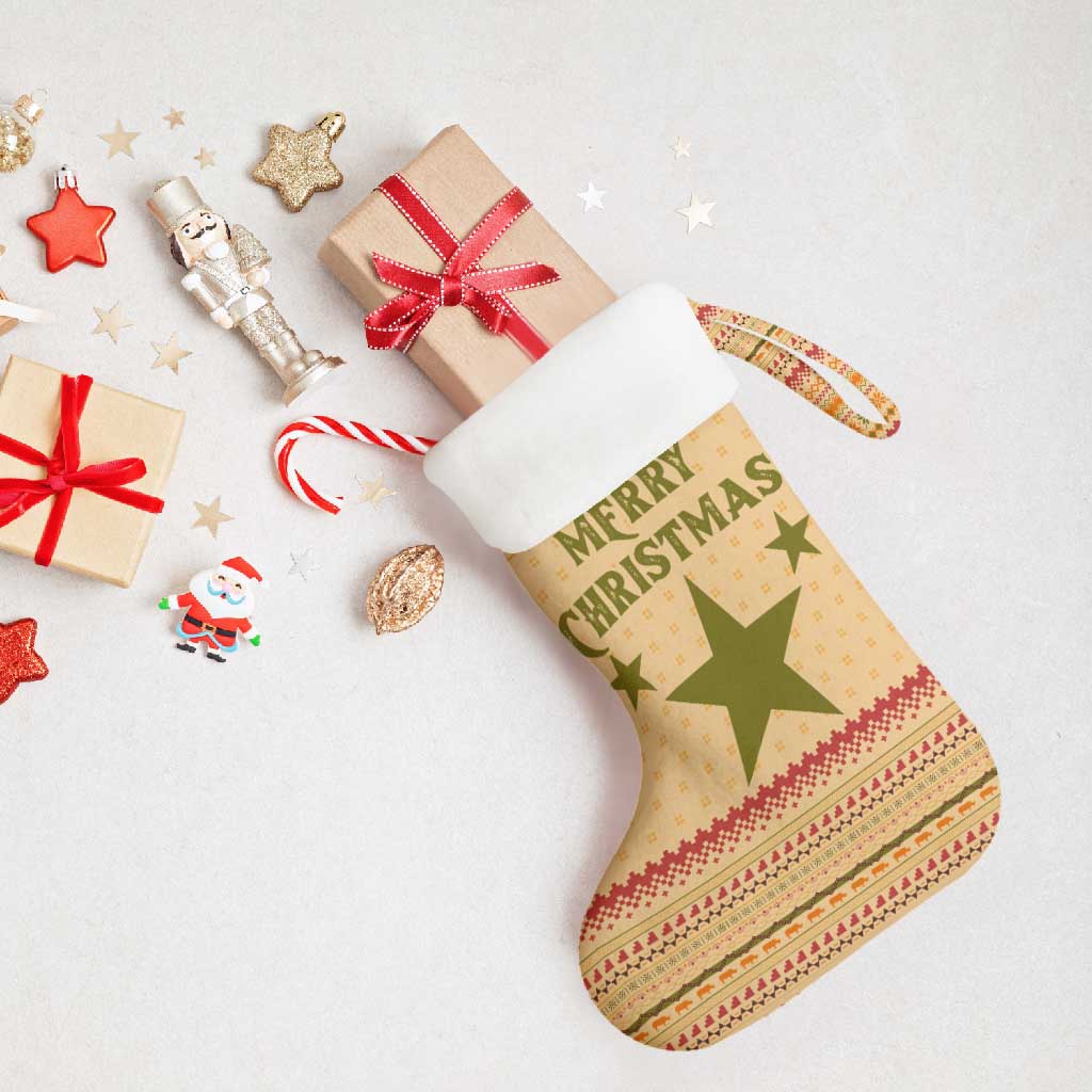 South Sudan Christmas Stocking with Beige Tribal Pattern, National Emblem, and Green Star Motif - Wonder Print Shop