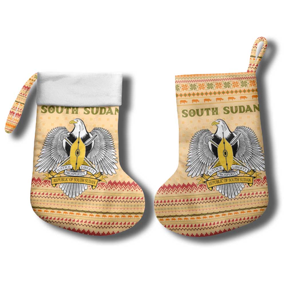 South Sudan Christmas Stocking with Beige Tribal Pattern, National Emblem, and Green Star Motif - Wonder Print Shop