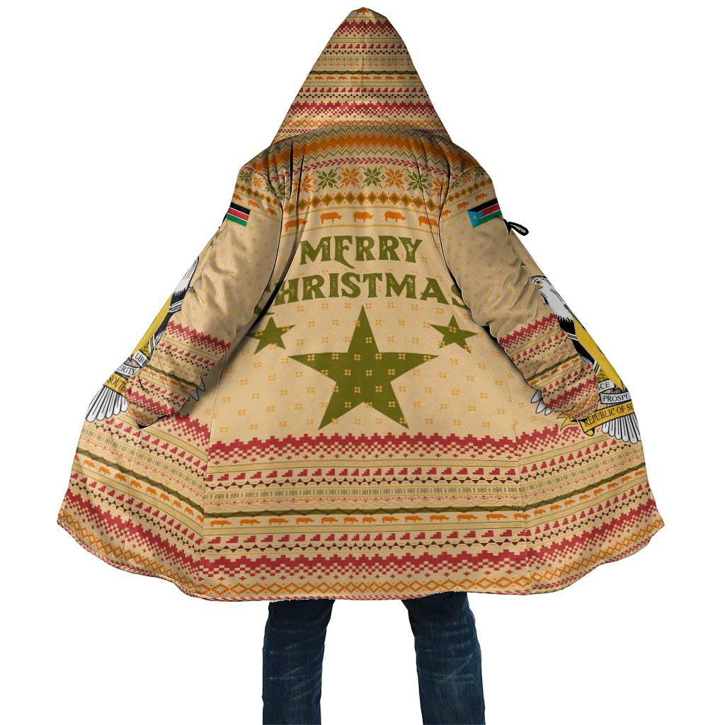South Sudan Christmas Cloak with Beige Tribal Pattern, National Emblem, and Green Star Motif - Wonder Print Shop