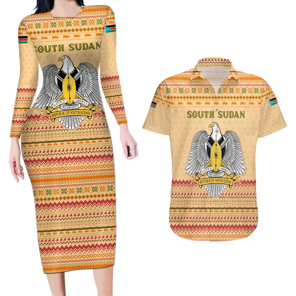 South Sudan Christmas Couples Matching Long Sleeve Bodycon Dress and Hawaiian Shirt with Beige Tribal Pattern, National Emblem, and Green Star Motif - Wonder Print Shop
