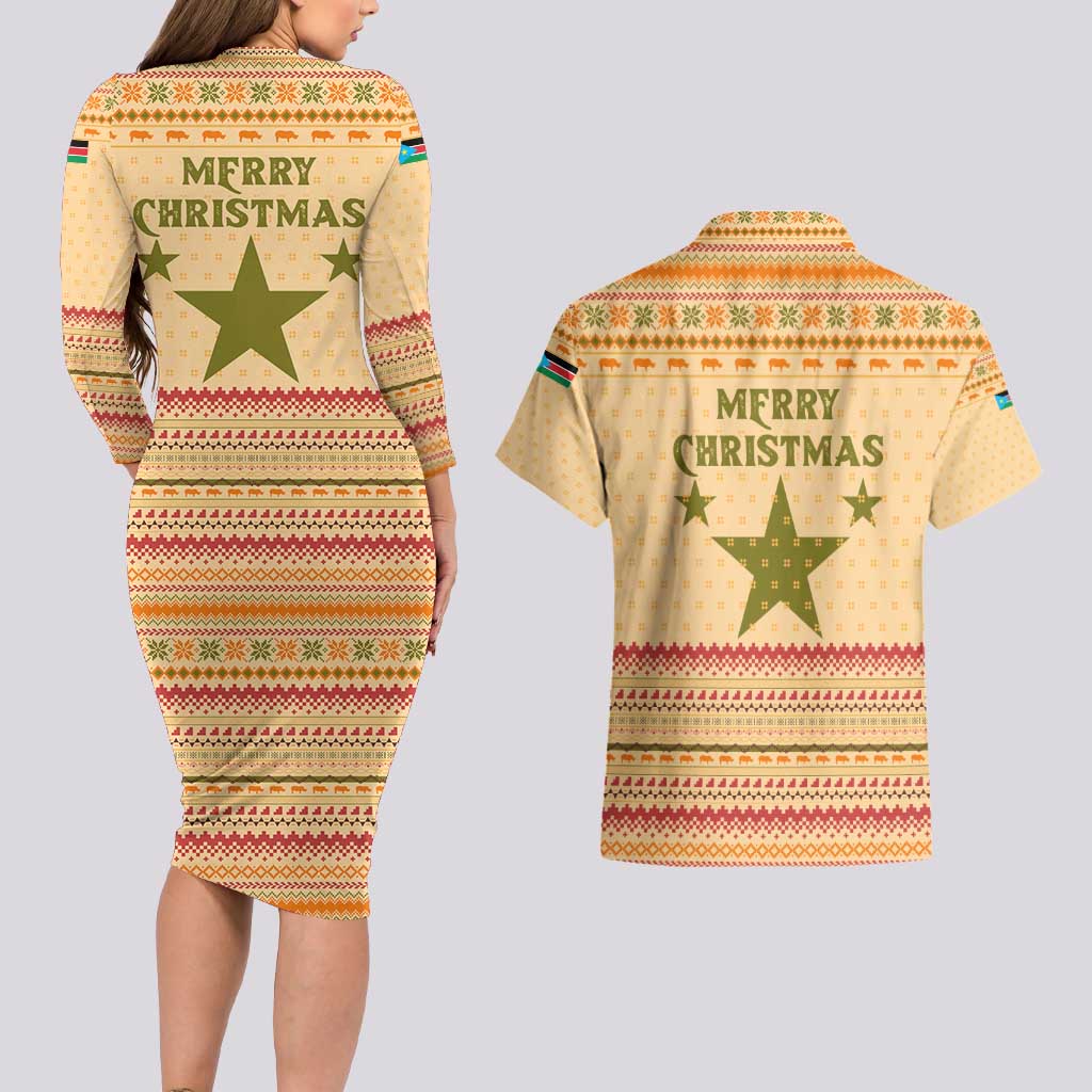 South Sudan Christmas Couples Matching Long Sleeve Bodycon Dress and Hawaiian Shirt with Beige Tribal Pattern, National Emblem, and Green Star Motif - Wonder Print Shop