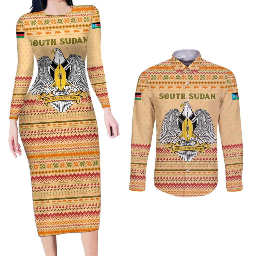 South Sudan Christmas Couples Matching Long Sleeve Bodycon Dress and Long Sleeve Button Shirt with Beige Tribal Pattern, National Emblem, and Green Star Motif - Wonder Print Shop