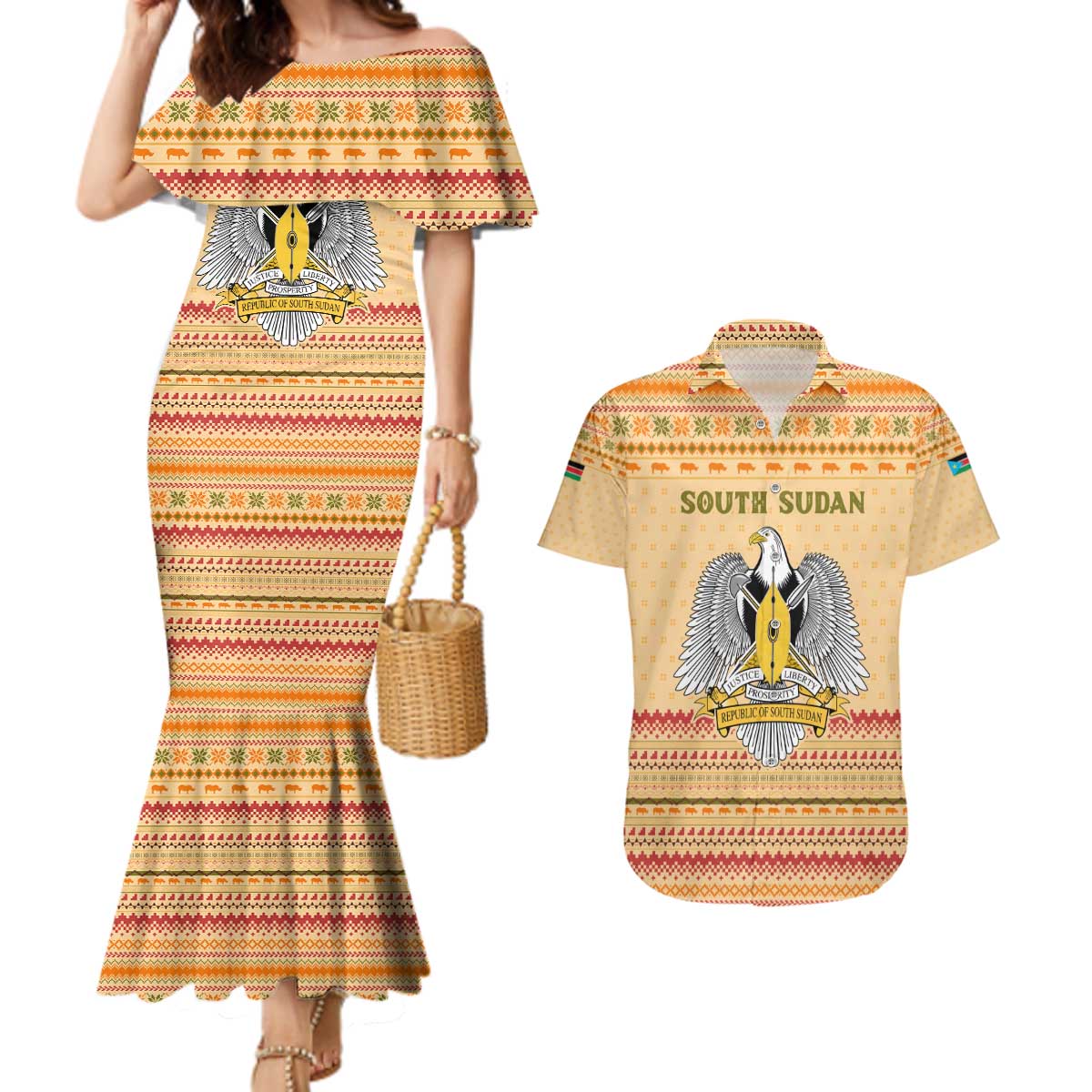 South Sudan Christmas Couples Matching Mermaid Dress and Hawaiian Shirt with Beige Tribal Pattern, National Emblem, and Green Star Motif - Wonder Print Shop
