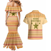South Sudan Christmas Couples Matching Mermaid Dress and Hawaiian Shirt with Beige Tribal Pattern, National Emblem, and Green Star Motif - Wonder Print Shop