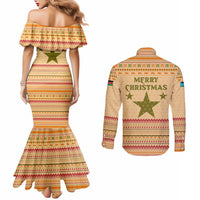 South Sudan Christmas Couples Matching Mermaid Dress and Long Sleeve Button Shirt with Beige Tribal Pattern, National Emblem, and Green Star Motif - Wonder Print Shop