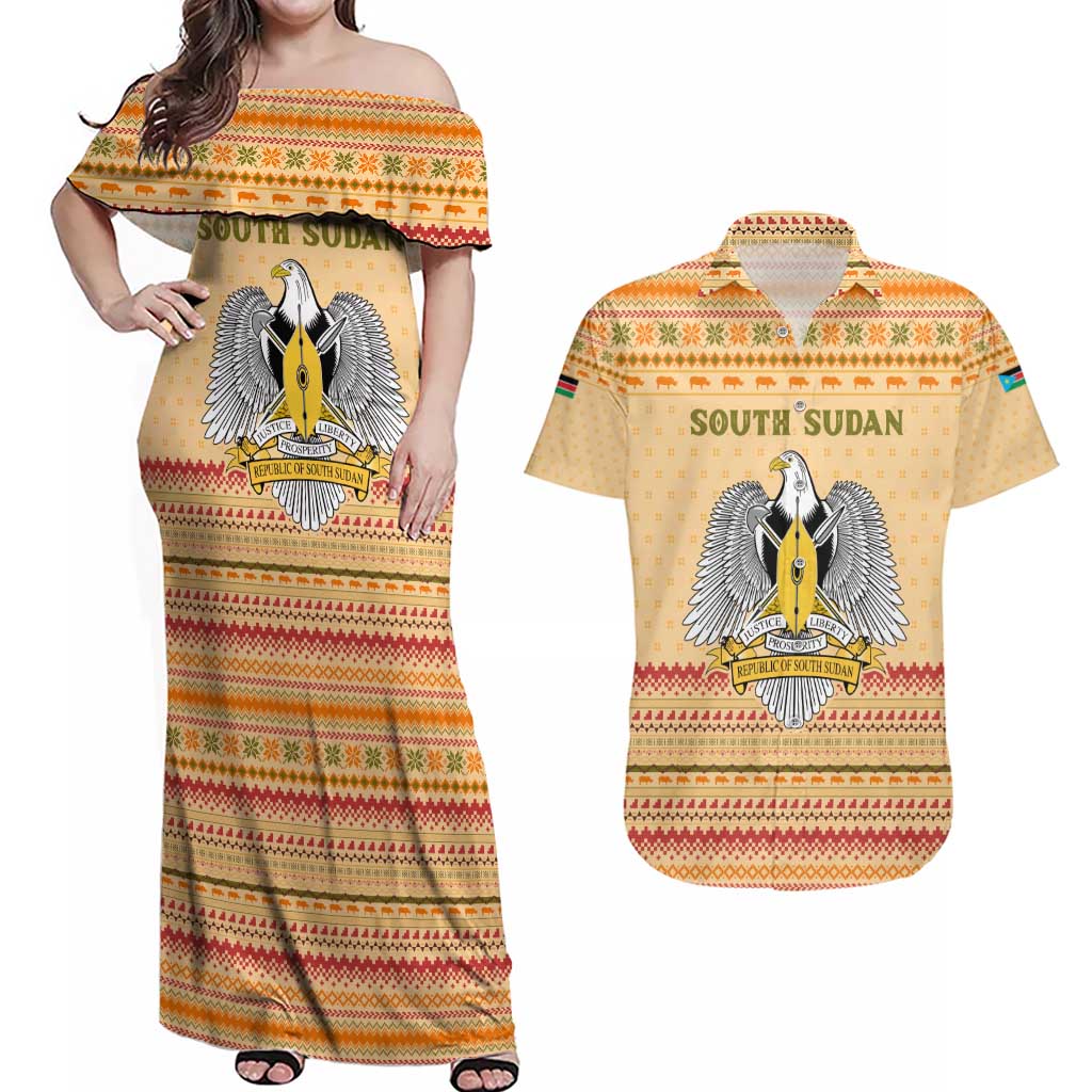 South Sudan Christmas Couples Matching Off Shoulder Maxi Dress and Hawaiian Shirt with Beige Tribal Pattern, National Emblem, and Green Star Motif - Wonder Print Shop