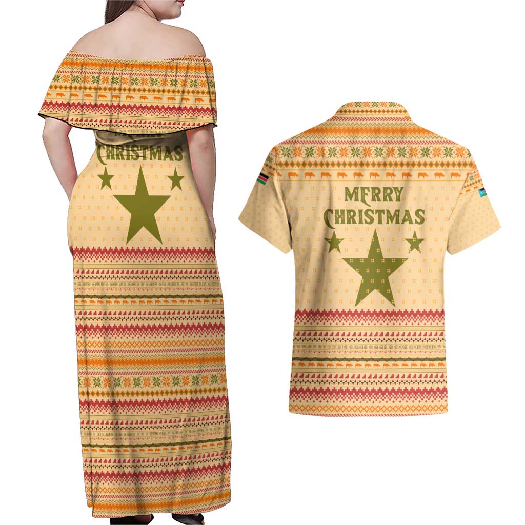 South Sudan Christmas Couples Matching Off Shoulder Maxi Dress and Hawaiian Shirt with Beige Tribal Pattern, National Emblem, and Green Star Motif - Wonder Print Shop