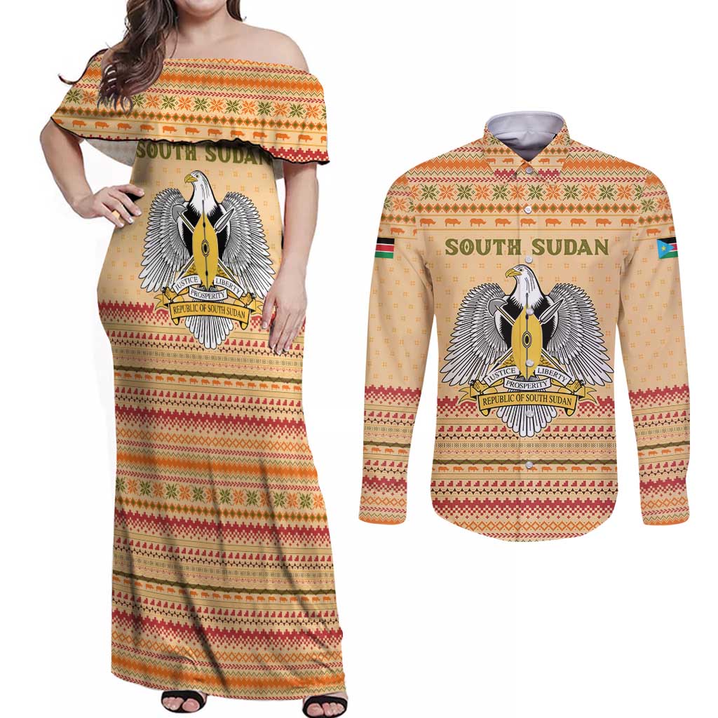 South Sudan Christmas Couples Matching Off Shoulder Maxi Dress and Long Sleeve Button Shirt with Beige Tribal Pattern, National Emblem, and Green Star Motif - Wonder Print Shop