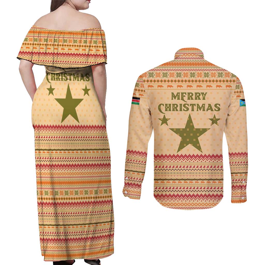 South Sudan Christmas Couples Matching Off Shoulder Maxi Dress and Long Sleeve Button Shirt with Beige Tribal Pattern, National Emblem, and Green Star Motif - Wonder Print Shop